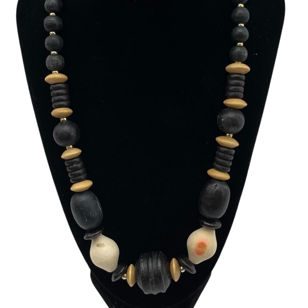 Vintage Tribal Wooden Bead Necklace Long Chunky Barrel Clasp Boho Ethnic Jewelry